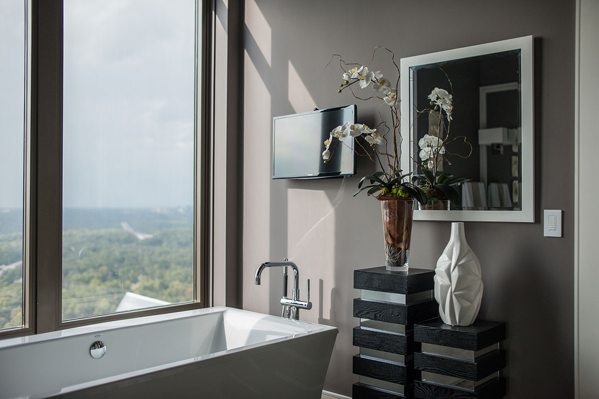 Modern bathroom with framed mirror